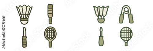 Sports equipment and household tools set with badminton shuttlecock, screwdriver, tennis racket, and hand grip