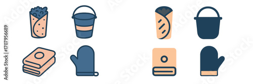 Diverse set of everyday objects featuring food wraps, buckets, folded towels, and oven mitts in a clean style