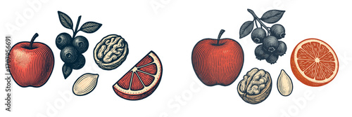 Assortment of fresh healthy fruits and nuts with vintage engraving style, perfect for organic food designs and healthy lifestyle concepts