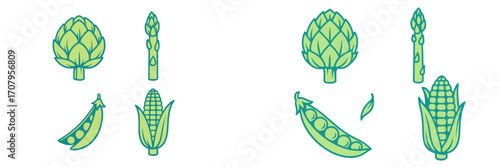 Assortment of fresh green vegetables including artichoke asparagus peas and corn on a clean white background