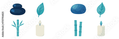 Spa and wellness elements with stacked stones, smooth pebbles, green bamboo, fresh leaves, and lit candles
