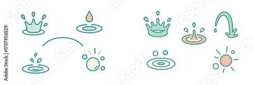 Collection of stylized water drop, splash, and ripple icons with a sun element on a clean white background