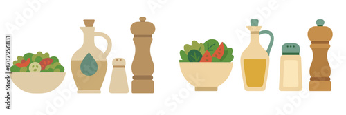 Nutritious green salads with fresh organic vegetables, olive oil, salt, and pepper shakers prepared for healthy cooking