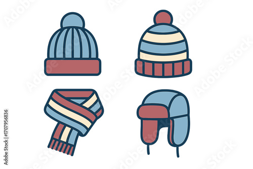 Collection of warm winter hats and a cozy striped scarf, essential cold weather apparel for seasonal fashion and outdoor activities
