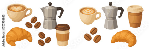 Assortment of coffee and breakfast elements including latte art, Moka pot, disposable cup, roasted coffee beans, and fresh croissant