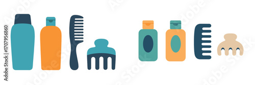 Essential hair care products and styling accessories including shampoo, conditioner, combs, and hair clips