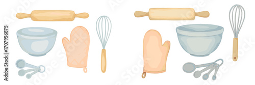 Essential kitchen baking tools set with rolling pin, mixing bowl, whisk, oven mitt, and measuring spoons for culinary activities