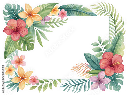 Watercolor tropical flowers and leaves rectangular frame border design isolated on white background