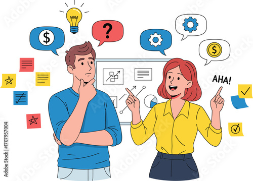 Businessman and businesswoman brainstorming ideas, financial discussion, creative thinking process, colorful speech bubbles, charts, graphs, post-it notes, teamwork and problem solving concept