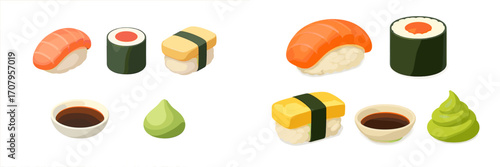 Delicious Japanese sushi set with various rolls and nigiri, including salmon and tamago, served with soy sauce and wasabi