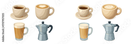 Collection of various coffee cups, espresso mugs, latte glasses, and moka pots for preparing and serving hot beverages and drinks
