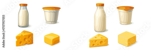 Variety of essential dairy products featuring fresh milk bottles, creamy yogurt, and different cheese forms