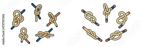 Diverse set of nautical rope knots and bends for sailing, climbing, and outdoor activities, isolated on white
