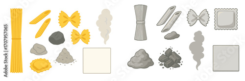 Different pasta varieties, cooking ingredients, and natural elements presented in colorful and grayscale versions
