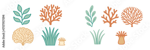 Vibrant collection of stylized marine plants, seaweeds, and coral reef elements for ocean life designs and aquatic themes