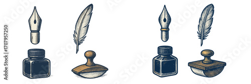 Antique writing tools with ink pens, quills, ink bottles, and blotters for traditional calligraphy and historical documents