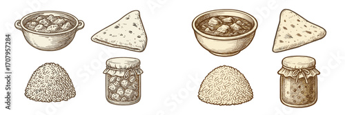 Traditional Indian and Asian cuisine dishes including curry, flatbread, rice, and chutney in a hand-drawn style