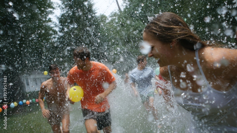 Obraz premium Adults playing water balloon fight in slow motion (splash action)