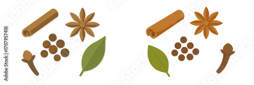Assortment of aromatic cooking spices including cinnamon, star anise, peppercorns, bay leaf, and cloves
