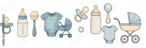 Collection of essential baby boy items including pacifiers, bottles, rattles, onesies, and strollers in a soft blue and beige palette