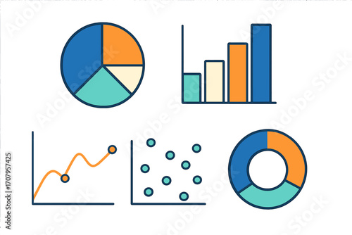 Collection of diverse data visualization charts including pie, bar, line, and scatter graphs for business analytics