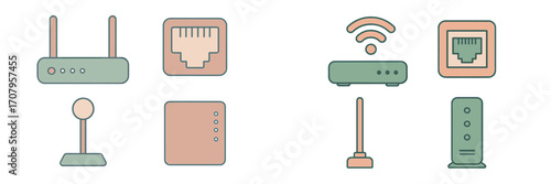 Modern internet network devices, Wi-Fi routers, modems, and ethernet ports for digital communication technology