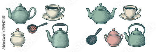 Assortment of Vintage Engraved Style Teapots Coffee Cups Sugar Bowl Kettle Skimmer Kitchenware Items