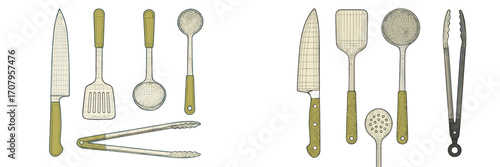 Assortment of essential kitchen cooking tools and utensils for culinary preparation, baking, and serving meals