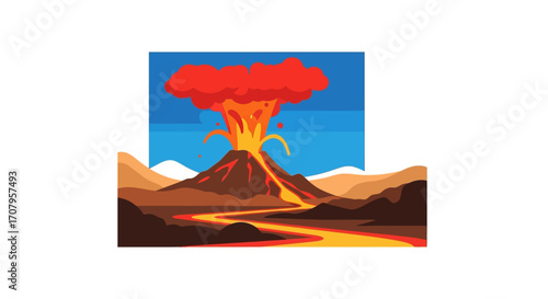 Volcanic eruption with a large red smoke cloud and lava flow.