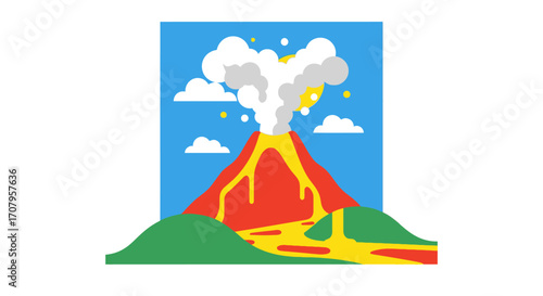 Volcano eruption with flowing lava and smoke.