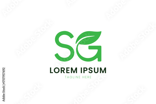 Minimalist green sg logo with leaf element for eco-friendly brands and nature themes