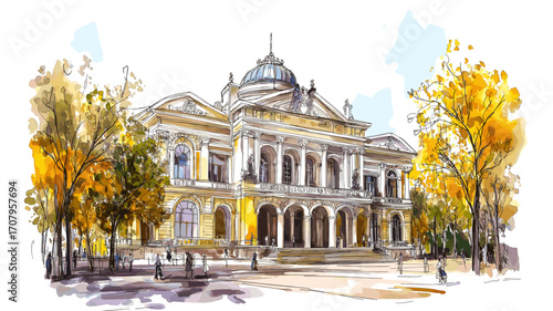 Odessa Opera and Ballet Theater. Odessa Opera and Ballet Theater watercolor vector illustration