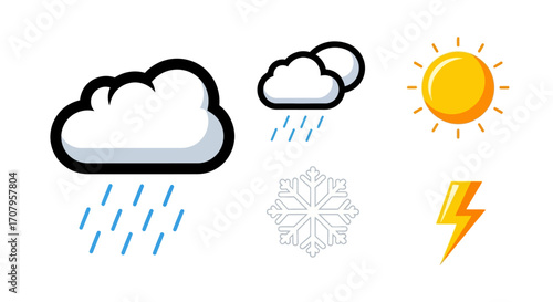 Weather Icons Depicting Rain, Clouds, Sun, Snow, and Lightning.