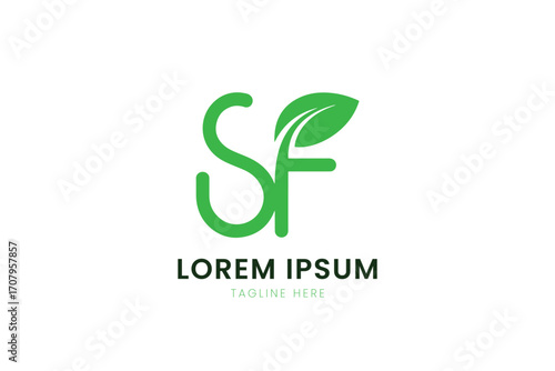 Modern minimalist green sf logo design with a leaf element for organic brands
