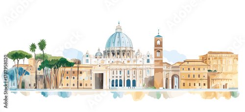 Vatican City and St Peters Basilica. Vatican City and St Peters Basilica watercolor vector illustration