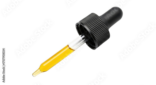 Isolated eye dropper with golden oil liquid for pharmaceutical care treatment use object
