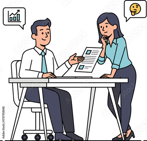 Businessman explaining data, woman analyzing report, office discussion, corporate meeting, teamwork communication, flat cartoon vector, workplace strategy planning