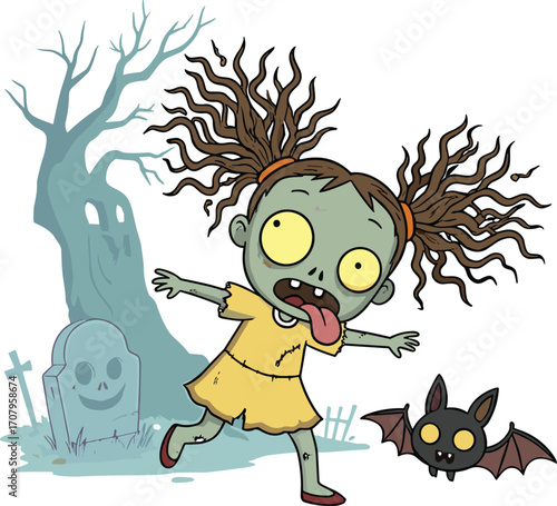 Cartoon zombie girl with pigtails and tongue out running happily near spooky graveyard tree and flying cute bat at night