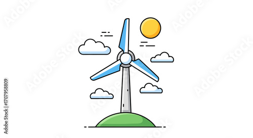 Wind turbine generating clean energy on a sunny day with clouds.