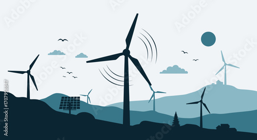 Wind turbines and solar panels generating clean energy.