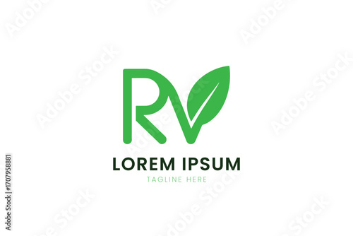 Minimalist green rv logo with leaf element on clean background for eco brands