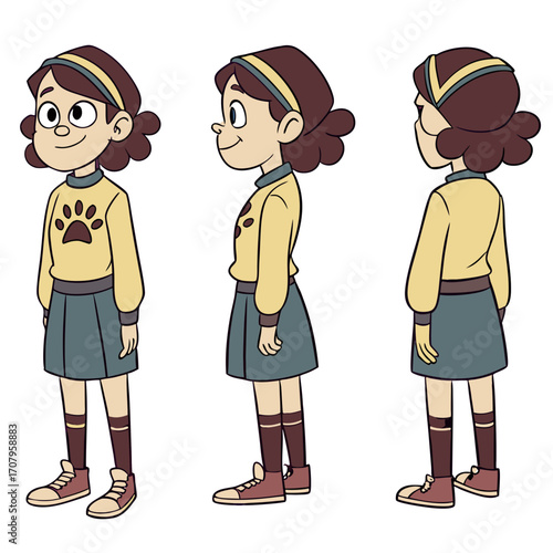 Girl character 4 views front side x2 back She has a paw sweater skirt boots and a headband