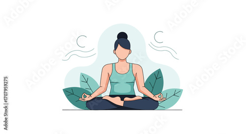 Woman Meditating in Lotus Pose with Serene Expression.