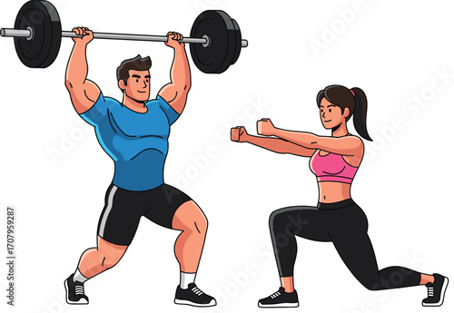 Man lifting barbell, woman doing lunges, fitness training, gym workout, strength exercise, active lifestyle, athletic couple, healthy body illustration