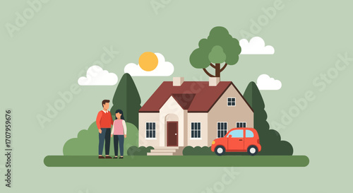 Young Couple Proudly Standing by Their Suburban Family Home.