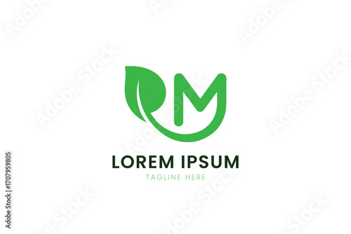 Minimalist green leaf and letter pm logo design for eco-friendly businesses