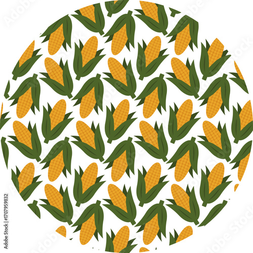 Hand drawn Corn Cob with Leaves Pattern on Circle Backdrop Harvesting Thematic or Kwanzaa Round Fond