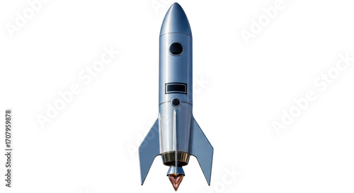 Isolated silver vintage rocket ship with flame, exploration of space and the universe