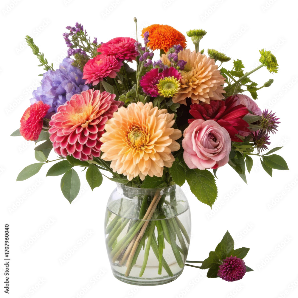 Fototapeta premium Vibrant bouquet of assorted flowers in clear glass vase, showcasing mix of colors and textures, creating cheerful and lively atmosphere