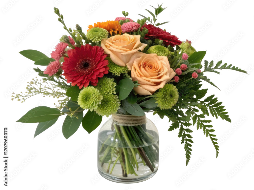 Obraz premium Vibrant bouquet featuring orange roses, red gerbera daisies, and green chrysanthemums arranged beautifully clear glass vase, exuding freshness
